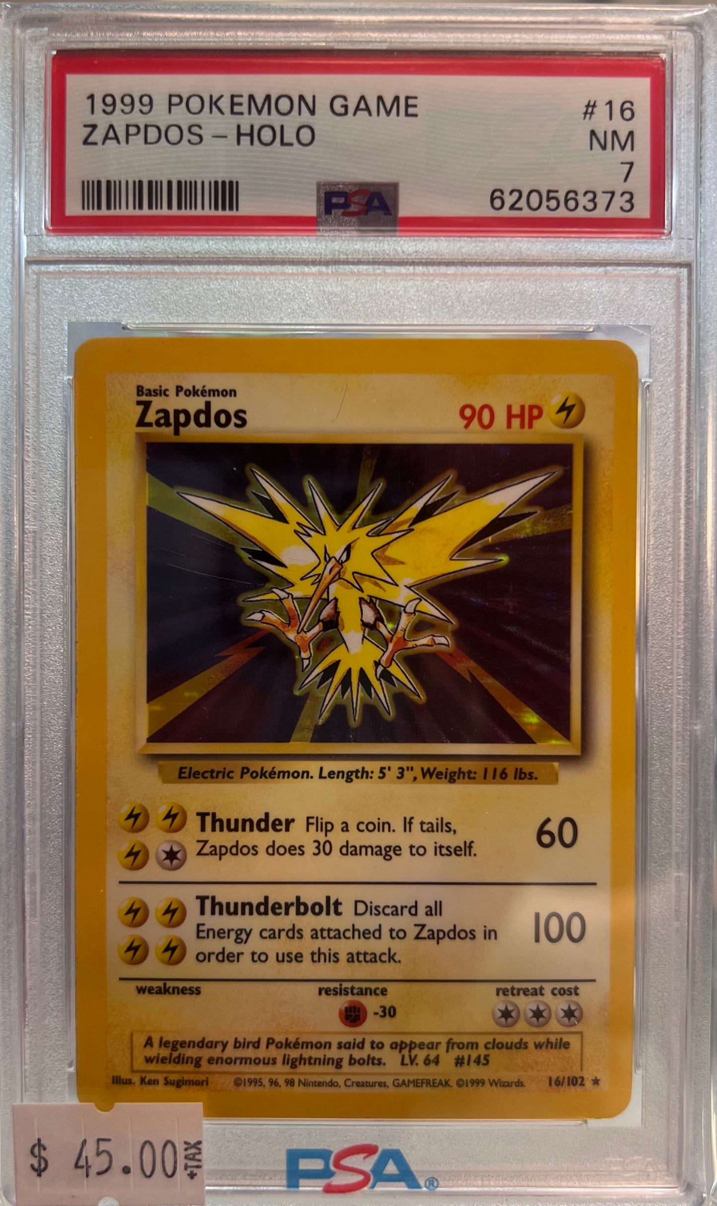 1999 POKEMON GAME - ZAPDOS #16 HOLO - PSA 7 NM