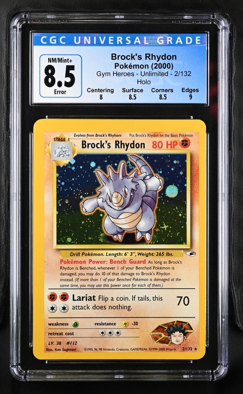 Pokémon - Brock's Rhydon (2000) - CGC 8.5 NM/Mint+ - Error Miscut & Holo Shift