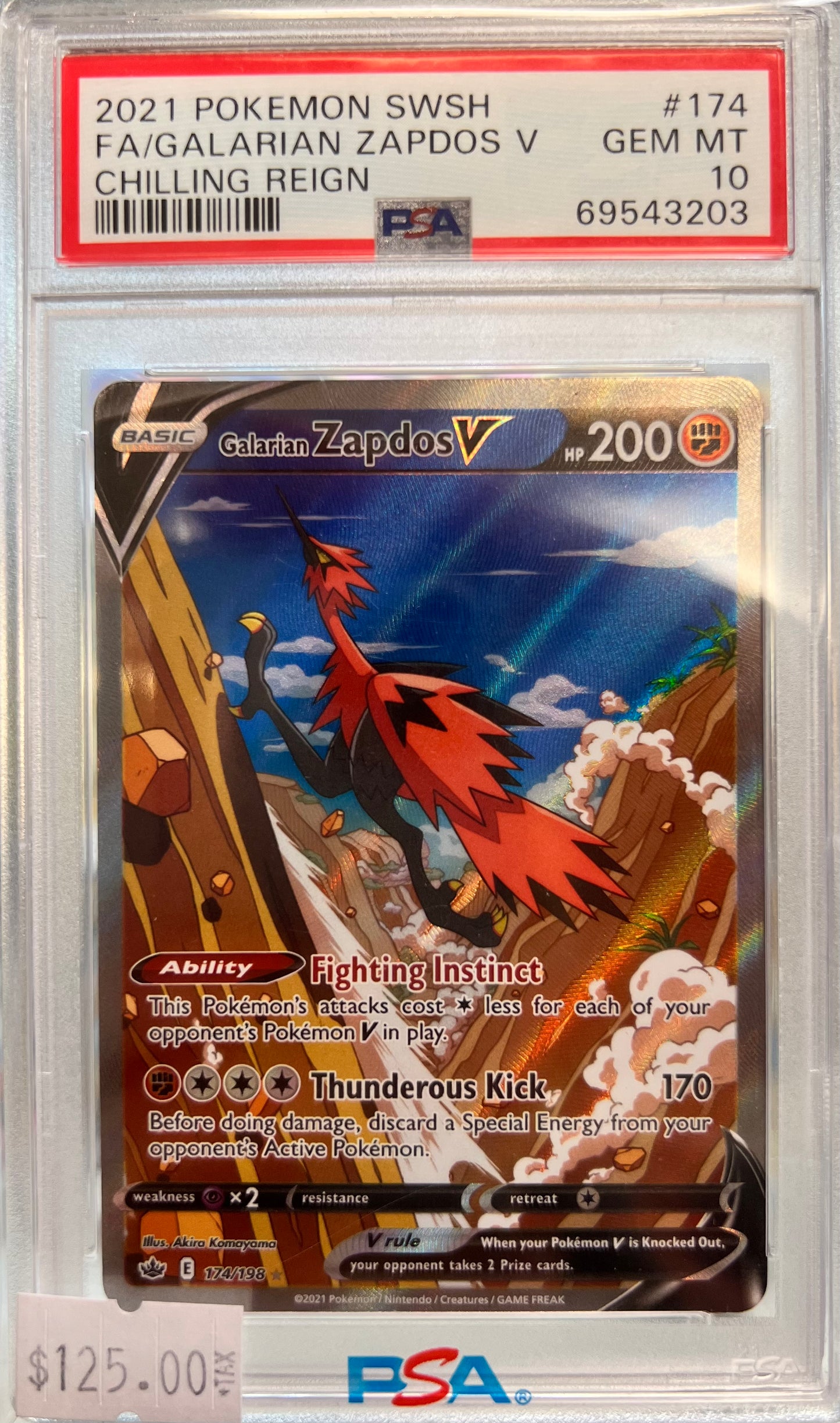 2021 Pokémon SWSH - Galarian Zapdos V (Alt Art) #174 - Chilling Reign - GEM MINT - PSA 10