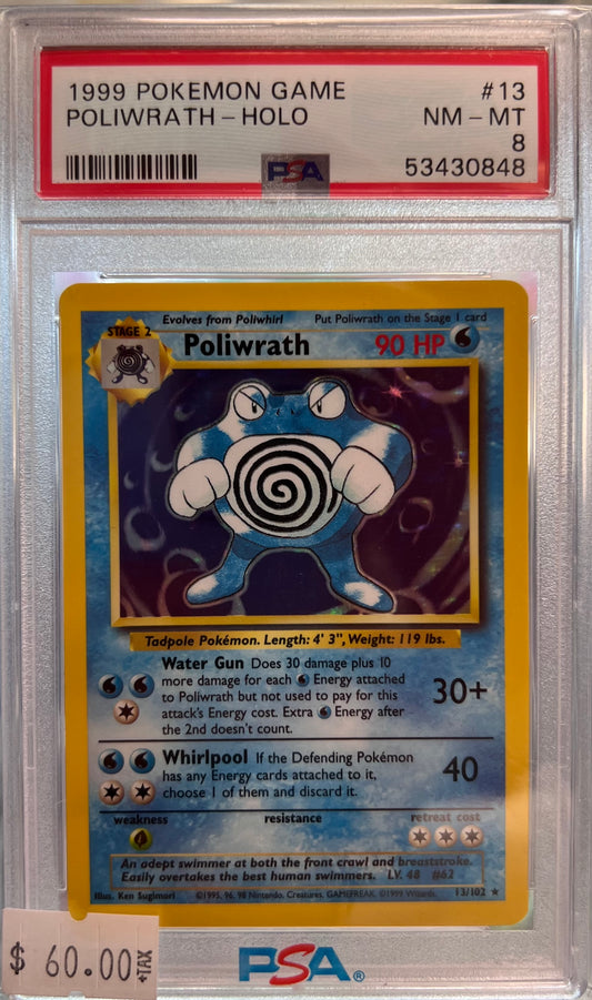 1999 POKEMON GAME - POLIWRATH #13 HOLO - PSA 8 NM-MT