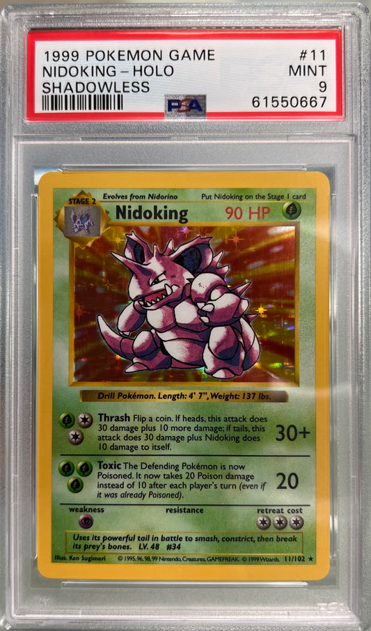 1999 POKEMON GAME #11 NIDOKING-HOLO SHADOWLESS - PSA 9 MINT