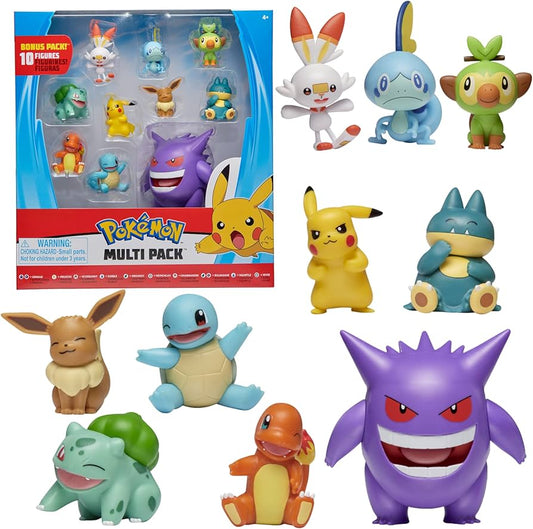 Pokémon Ultimate Battle Multi 10 Pack Action Figures - Gengar, Pikachu, Charmander, Squirtle, Bulbasaur, Eevee, Sobble, Grookey, Scorbunny & Munchlax