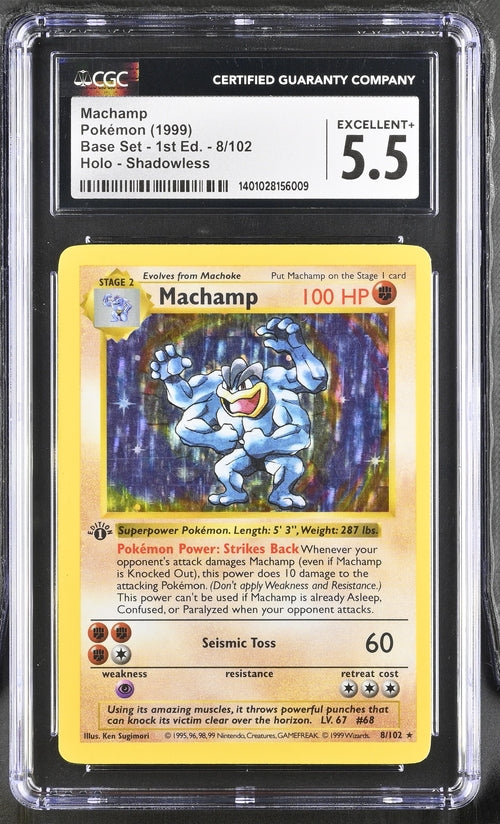1999 POKEMON BASE SET 1ST EDITION - MACHAMP SHADOWLESS - CGC 5.5 EXCELLENT+