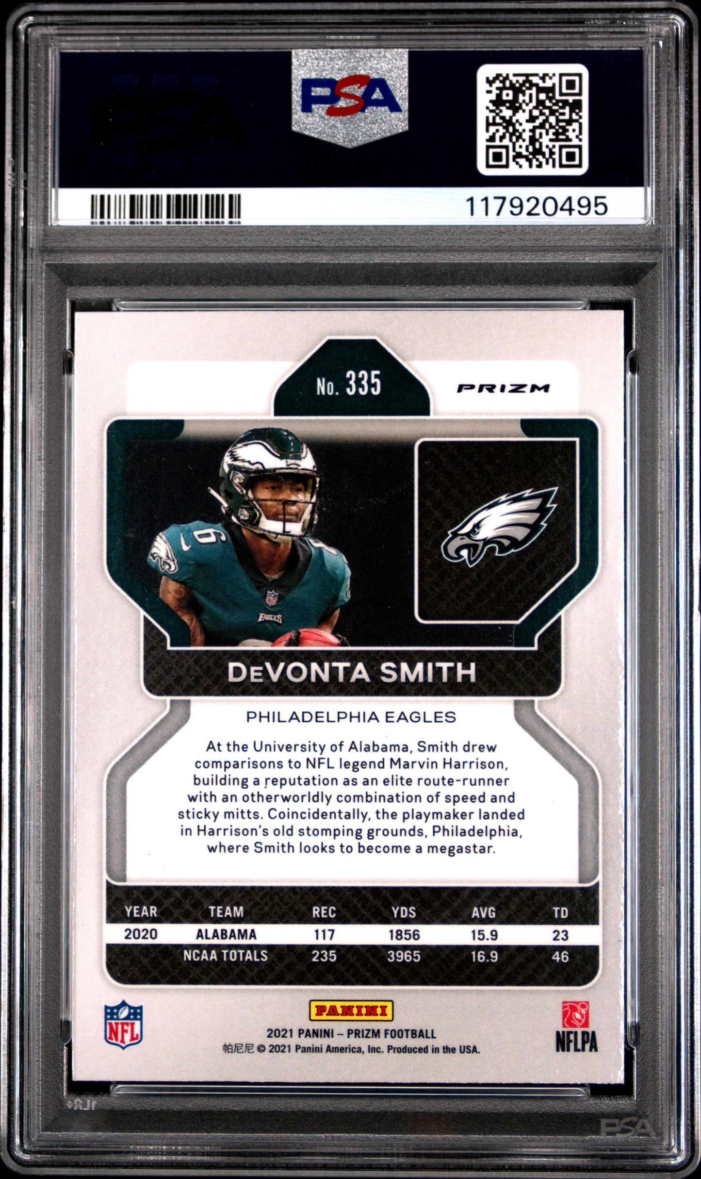 2021 PANINI PRIZM #335 DeVONTA SMITH GREEN ICE PSA 10 GEM MINT (POP 11)