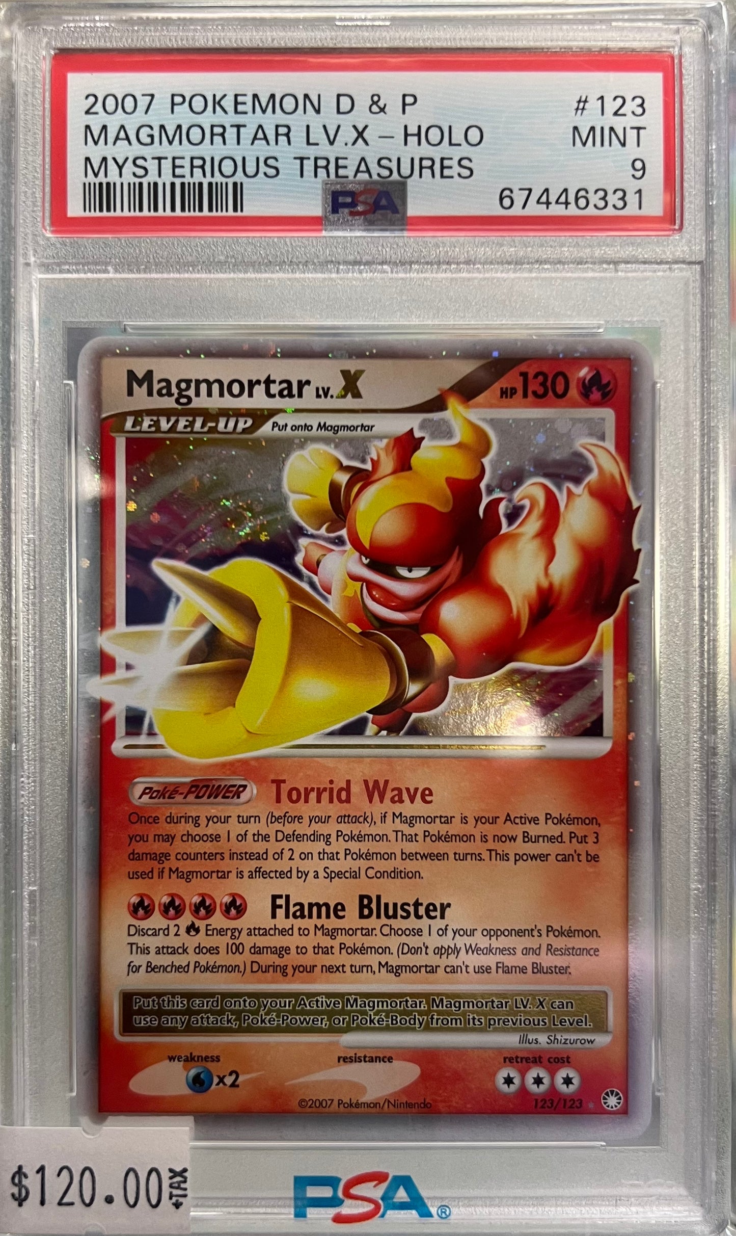 2007 Pokémon Diamond & Pearl - Magmortar LV. X #123 Holo - Mysterious Treasures - PSA 9 MINT