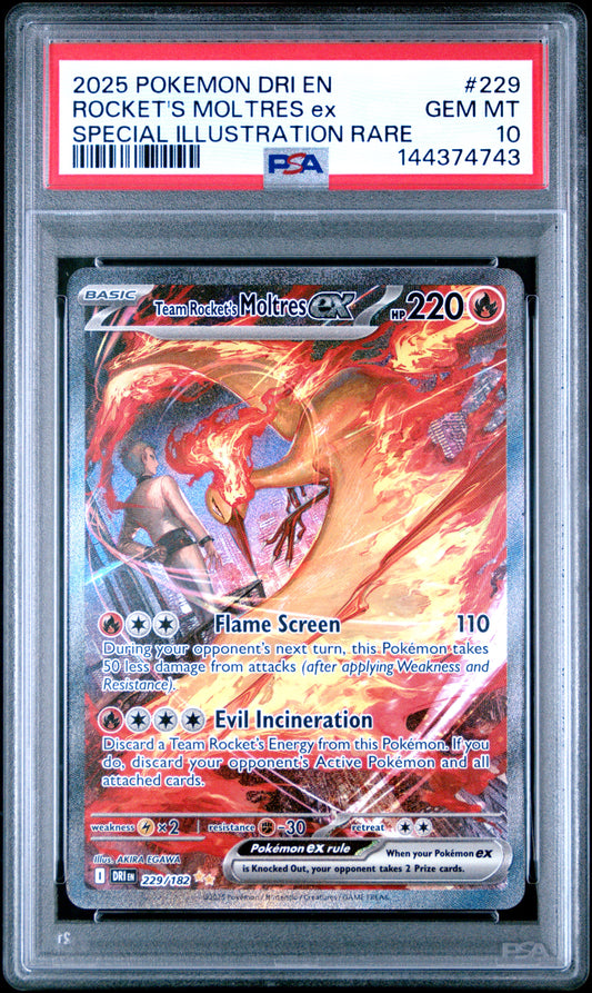 2025 POKEMON DRI EN-DESTINED RIVALS #229 ROCKET'S MOLTRES ex SPECIAL ILLUSTRATION RARE - PSA 10 GEM MINT