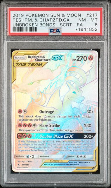 2019 Pokémon Sun & Moon - Reshiram & Charizard GX Rainbow (Secret) #217 - Unbroken Bonds - PSA 8 NM-MT