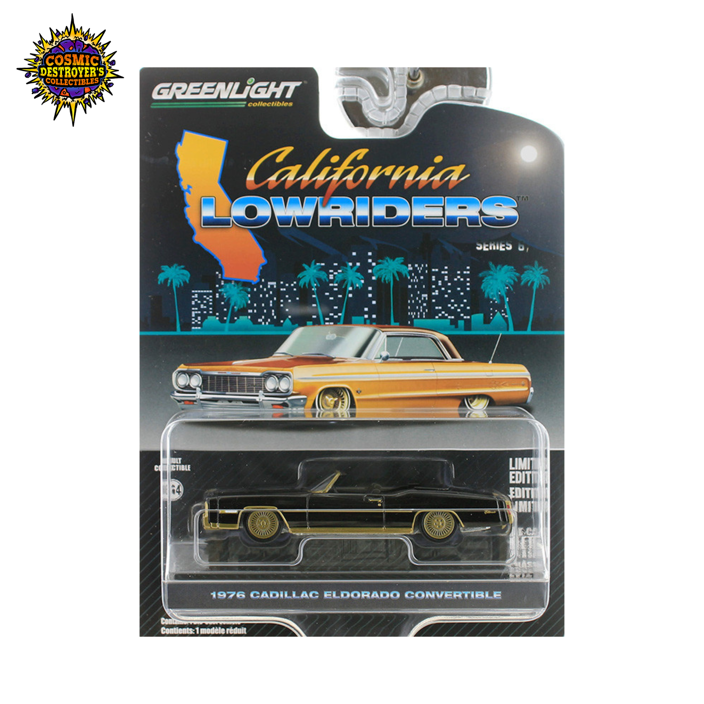 Greenlight Collectibles - 1976 Cadillac Eldorado Convertible - Black & Gold Solid Pack - California Lowriders Series 6