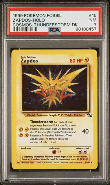 1999 POKEMON FOSSIL - ZAPDOS HOLO #15 COSMOS THUNDERSTORM DECK - PSA 7 NM