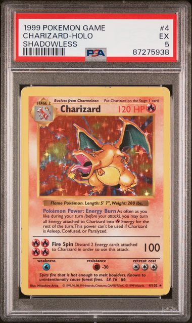 1999 POKEMON GAME - SHADOWLESS - CHARIZARD #4 - HOLO - PSA 5 EX